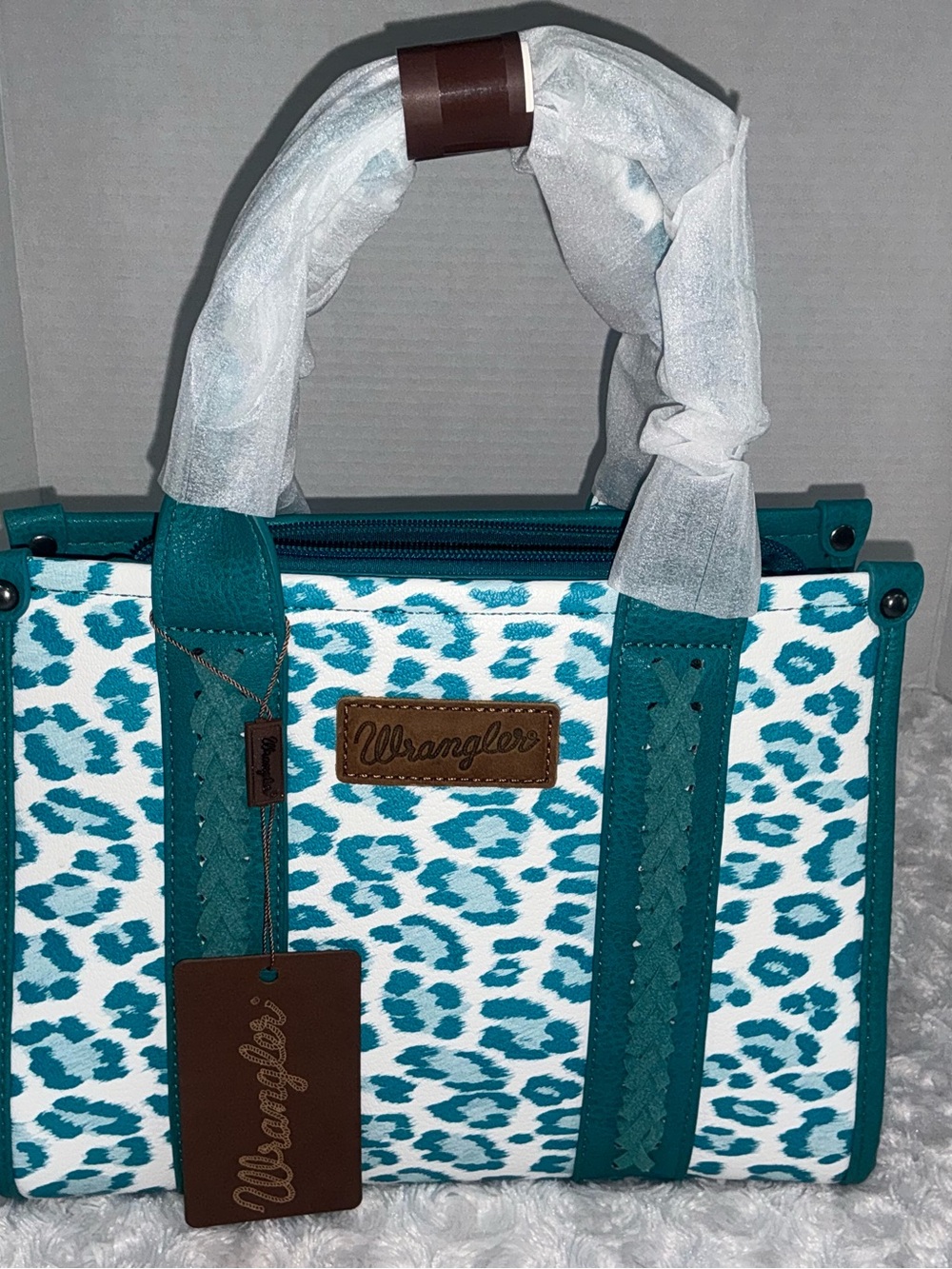 Wrangler Teal and White Leopard-Print Crossbody Bag